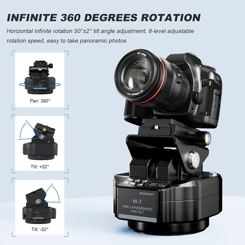 soonpho M7 Motorized Rotating Panoramic Tripod Head for Time Lapse Remote Control 360° Pan Tilt Head for DSLR Cameras, Camcorders, Tripod - Image 3